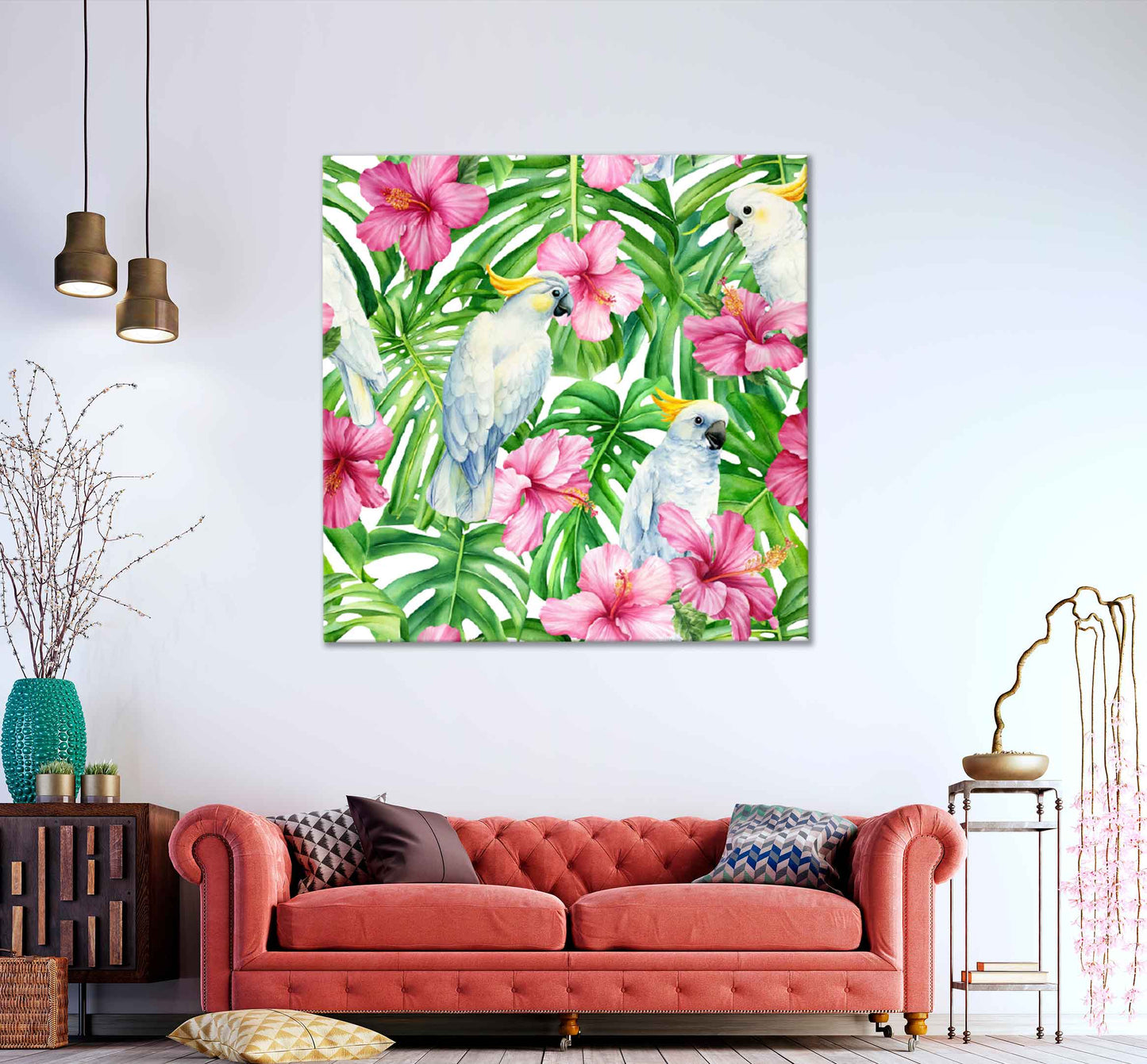 Square Canvas Hibiscus & White Parrot Vector Design High Quality Print 100% Australian Made