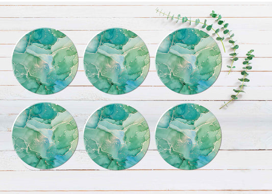 Blur Green & Gold Splash Abstract Ink Coasters Wood & Rubber - Set of 6 Coasters