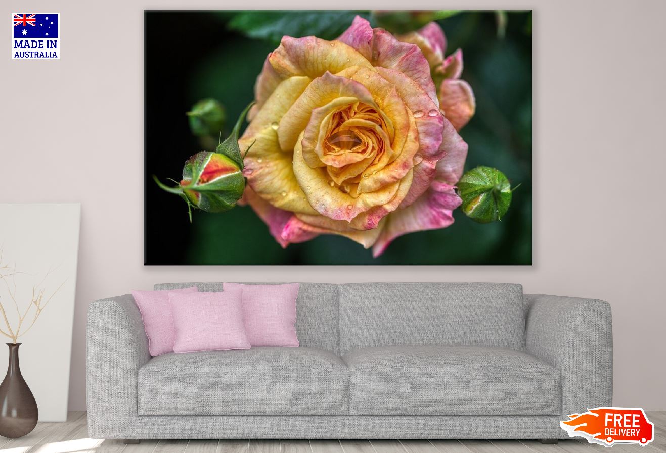 Yellow & Pink Rose Flower Closeup Photograph Print 100% Australian Made