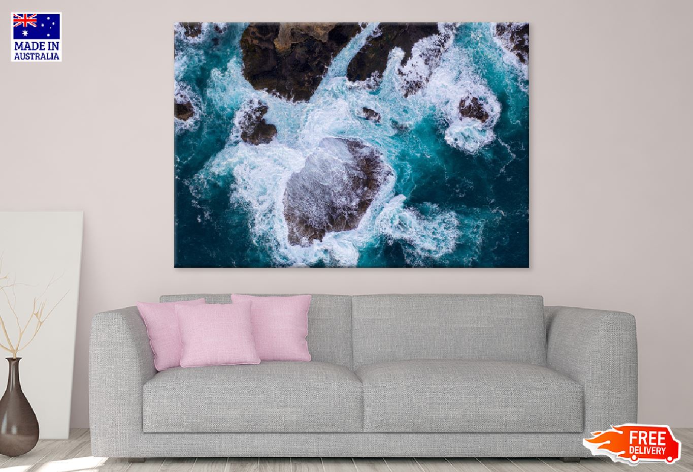 Waves Crashing on Rocks Aerial View Photograph Print 100% Australian Made