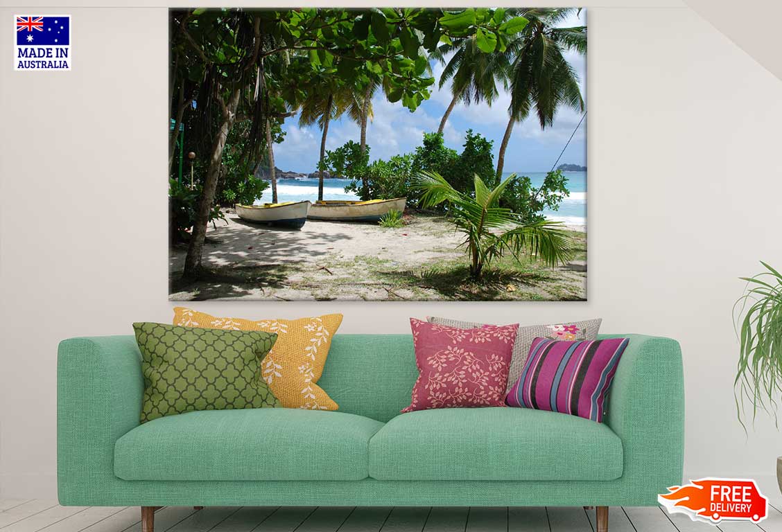 Boats & Palm Trees on Sea Shore Photograph Print 100% Australian Made