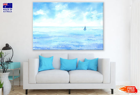Blue Beach with Boat Watercolor Painting Print 100% Australian Made