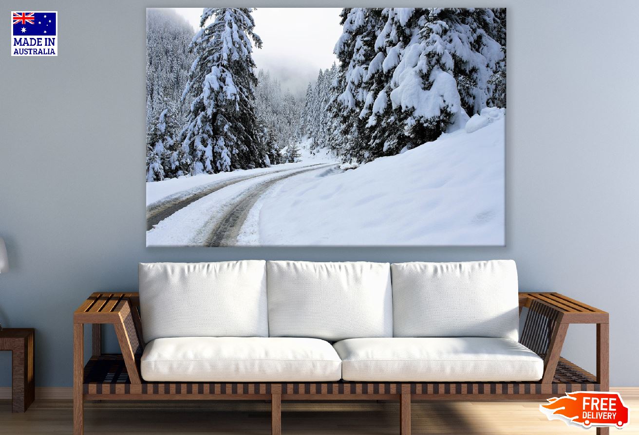 Snow Covered Trees with Road & Snow Field Photograph Print 100% Australian Made