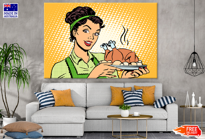 Girl Holding Baked Chicken Plate Illustration Print 100% Australian Made