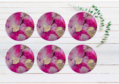 Pink & Gold Splashes Abstract Design Coasters Wood & Rubber - Set of 6 Coasters
