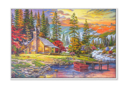 Boat on Lake near House & Forest Trees Oil Painting Wall Art Limited Edition High Quality Print Canvas Box Framed White