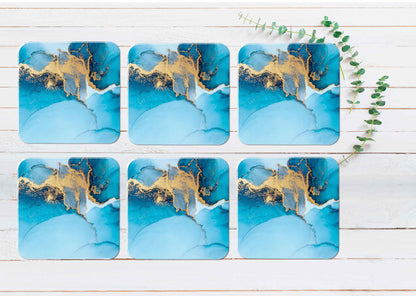 Blue & Gold Splash Marble Abstract Coasters Wood & Rubber - Set of 6 Coasters