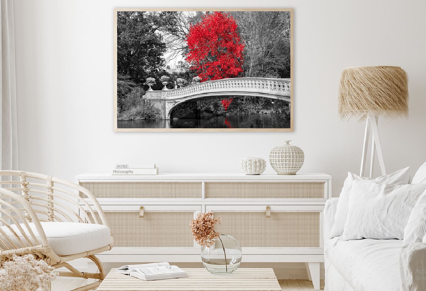 Red Autumn Tree with Bridge B&W Photograph Home Decor Premium Quality Poster Print Choose Your Sizes