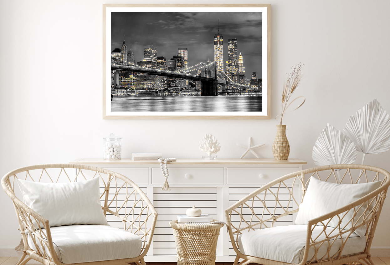 B&W Night City with Lights View Photograph Home Decor Premium Quality Poster Print Choose Your Sizes