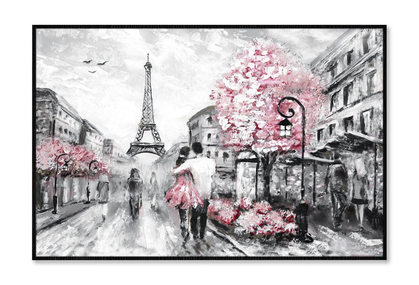 Romantic Paris Street Eiffel Tower & Flower Trees Wall Art Limited Edition High Quality Print Canvas Box Framed Black