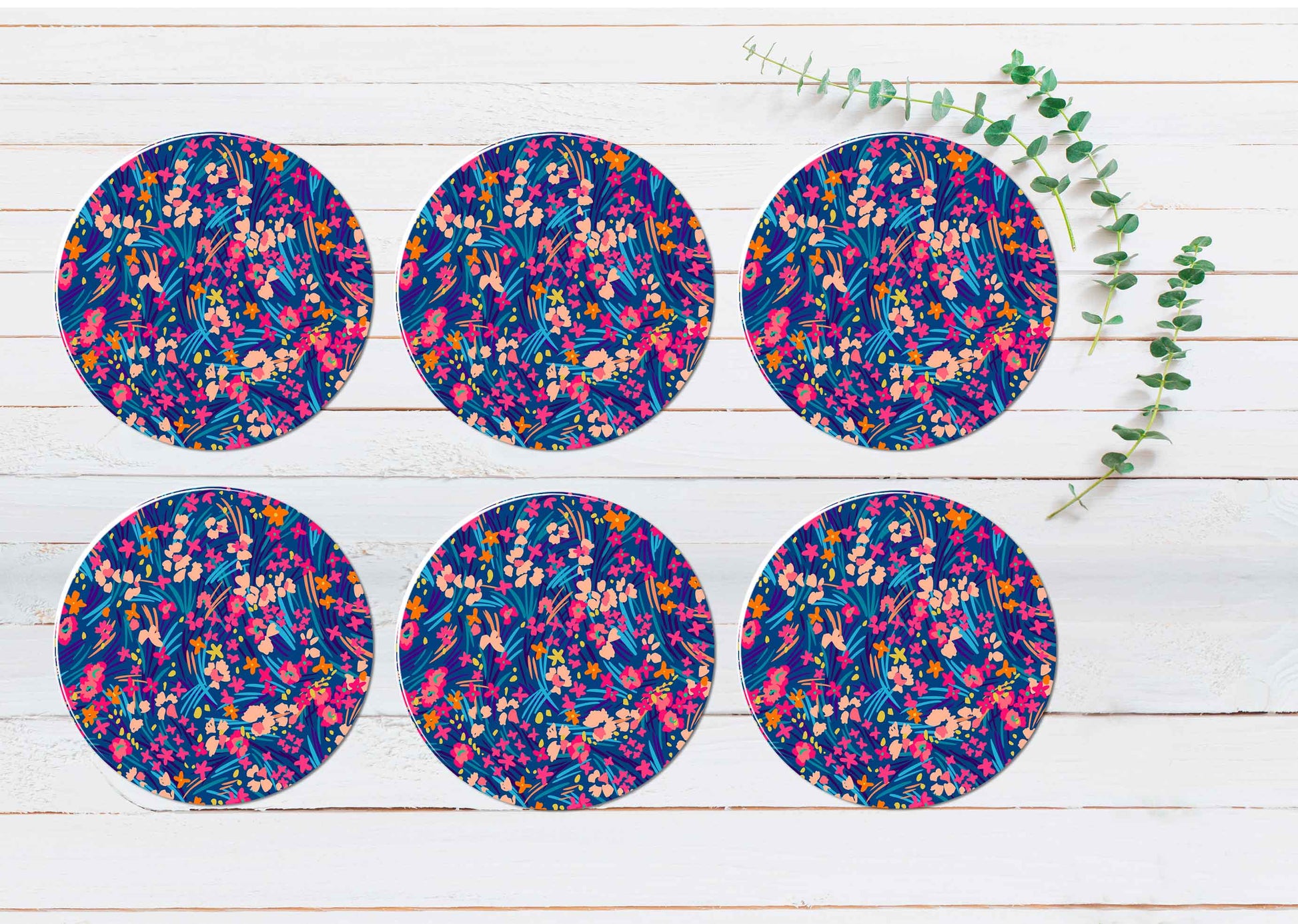 Colorful Flowers Coasters Wood & Rubber - Set of 6 Coasters