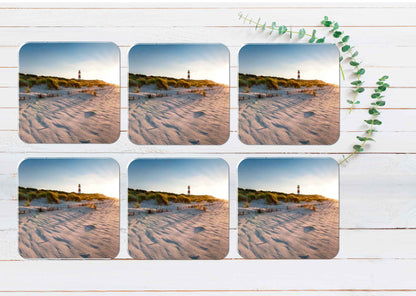 Lighthouse & Sand Dunes Beach View Coasters Wood & Rubber - Set of 6 Coasters