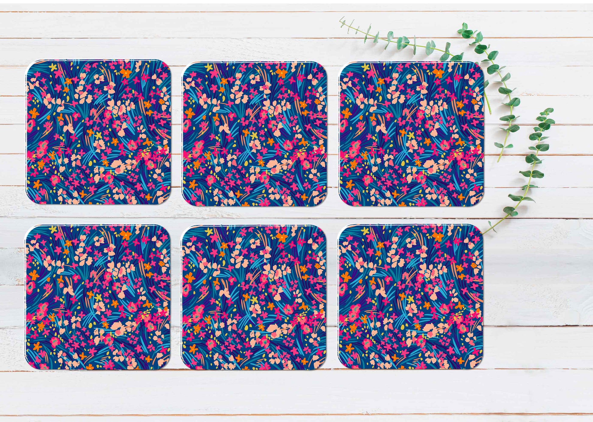 Colorful Flowers Coasters Wood & Rubber - Set of 6 Coasters