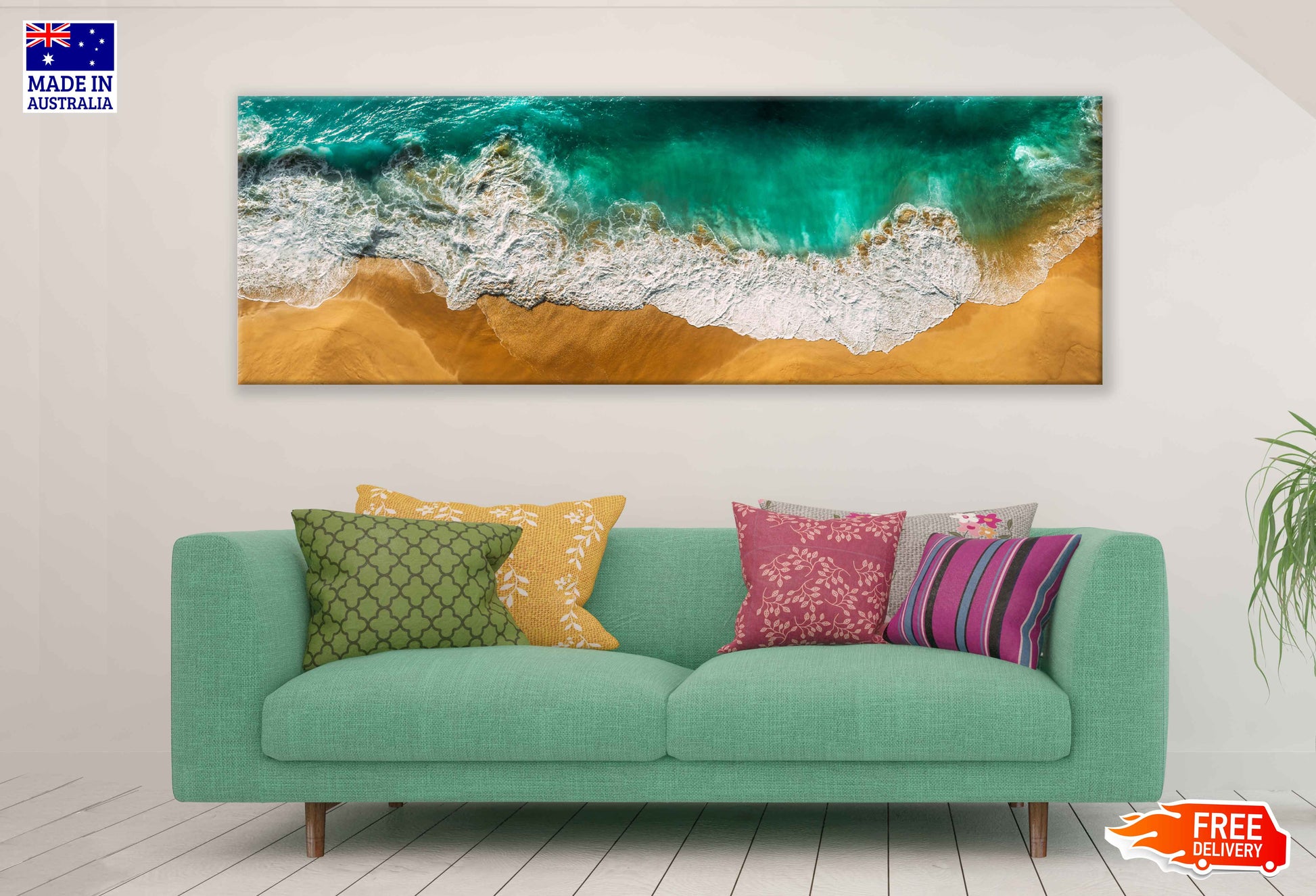 Panoramic Canvas Green Sea Waves View Photographin High Quality 100% Australian Made Wall Canvas Print Ready to Hang