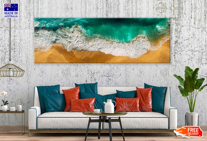 Panoramic Canvas Green Sea Waves View Photographin High Quality 100% Australian Made Wall Canvas Print Ready to Hang