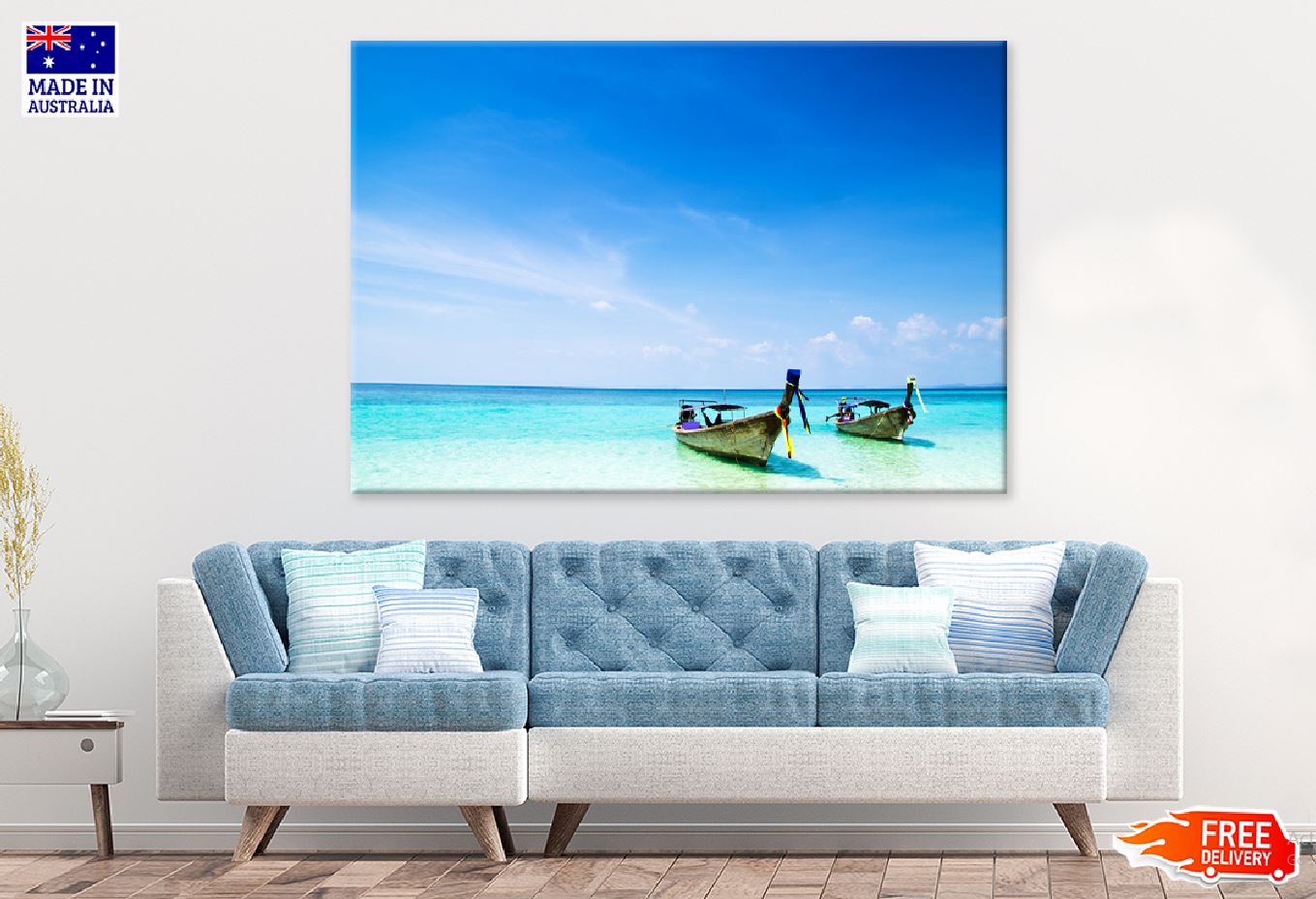 Fishing Boats near Blue Seashore Photograph Print 100% Australian Made