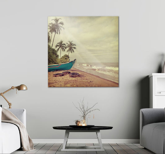 Square Canvas Boat on Sandy Beach Vintage Photograph High Quality Print 100% Australian Made