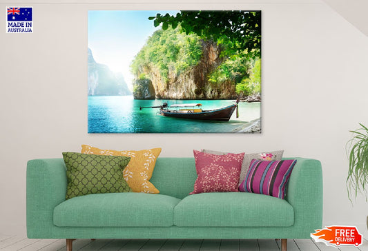 Long Boat on Island View Photograph Thailand Print 100% Australian Made