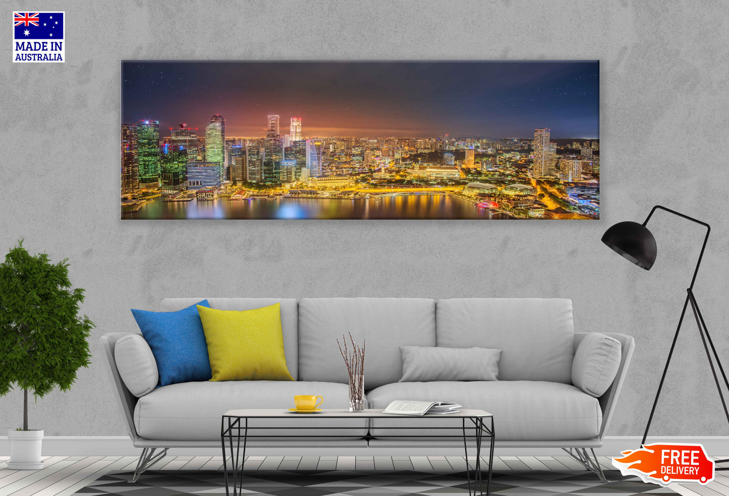 Panoramic Canvas Singapore City Night Skyline View High Quality 100% Australian Made Wall Canvas Print Ready to Hang