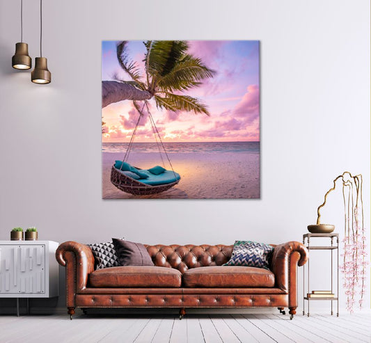 Square Canvas Sunset Beach Swing with Palm Tree Photograph High Quality Print 100% Australian Made