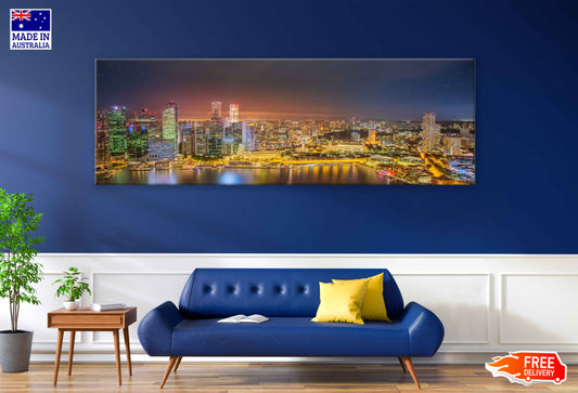 Panoramic Canvas Singapore City Night Skyline View High Quality 100% Australian Made Wall Canvas Print Ready to Hang