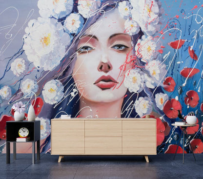 Wallpaper Murals Peel and Stick Removable Girl Face & Floral Design Wallpaper Murals Peel and Stick Removable High Quality High Quality