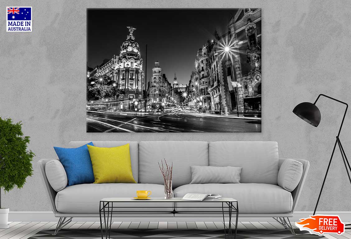 Madrid City Night B&W View Photograph Print 100% Australian Made