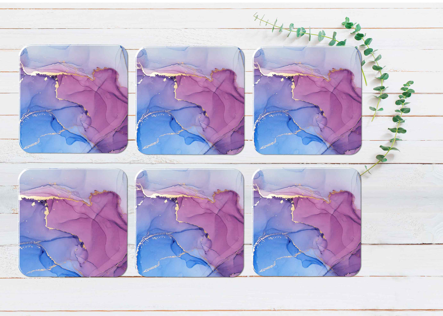 Blue Pink Gold Splash Abstract Coasters Wood & Rubber - Set of 6 Coasters