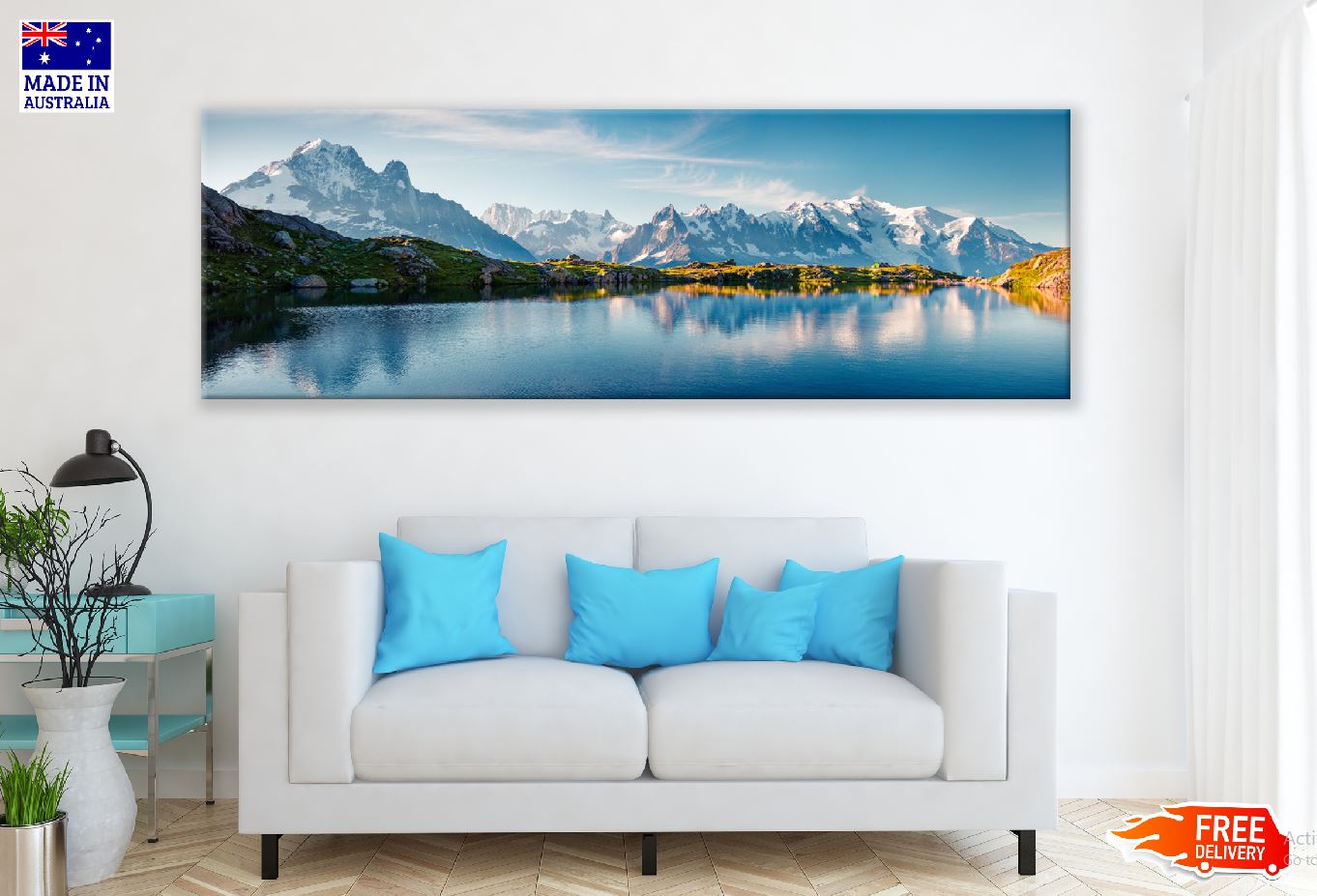 Panoramic Canvas Snow Mountains Lake Scenery Photograph High Quality 100% Australian Made Wall Canvas Print Ready to Hang