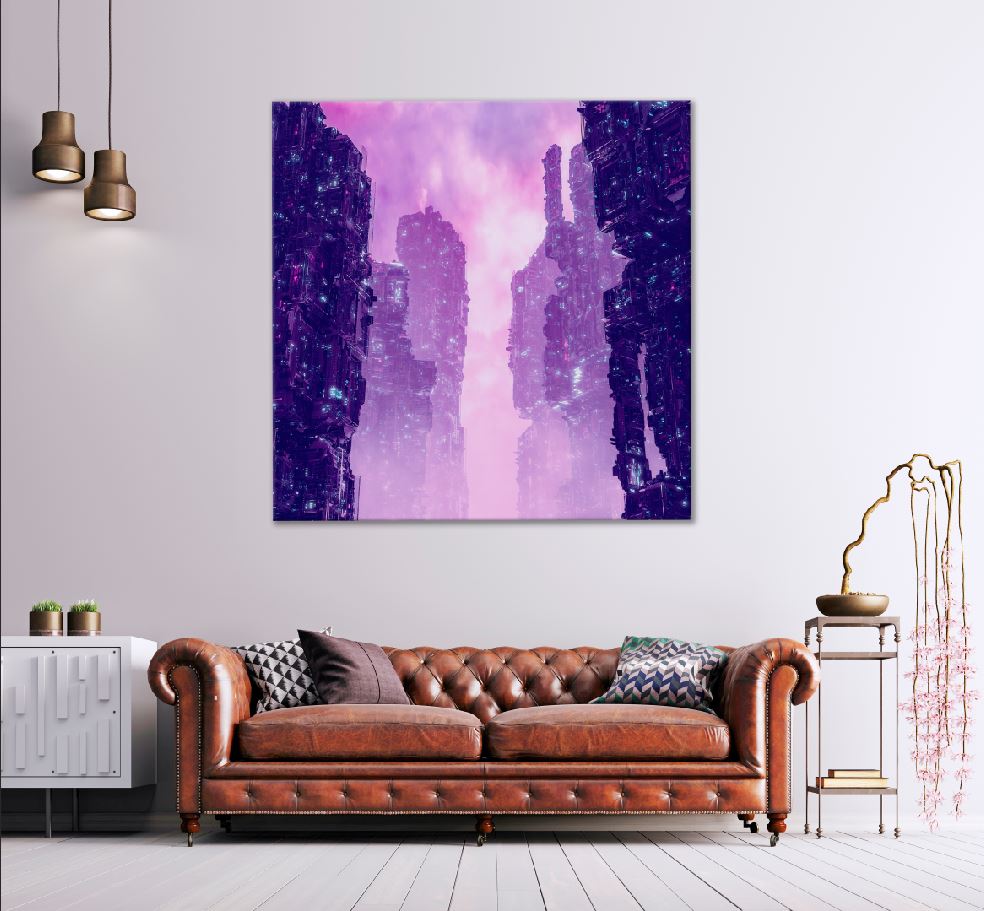 Square Canvas Cyberpunk Metropolis Pink 3D Abstract High Quality Print 100% Australian Made