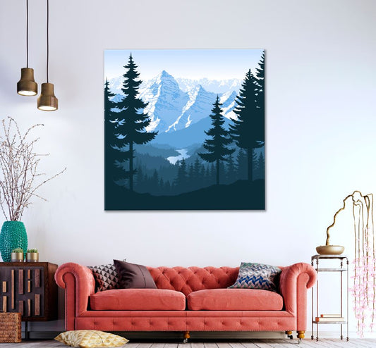 Square Canvas Snow Mountain & Trees Vector Art High Quality Print 100% Australian Made