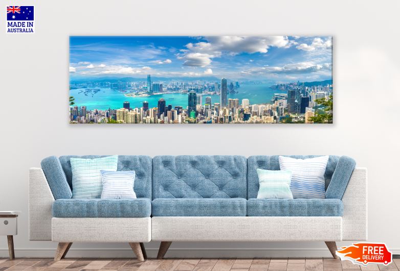 Panoramic Canvas City Buildings & Sea Aerial View Photograph High Quality 100% Australian Made Wall Canvas Print Ready to Hang