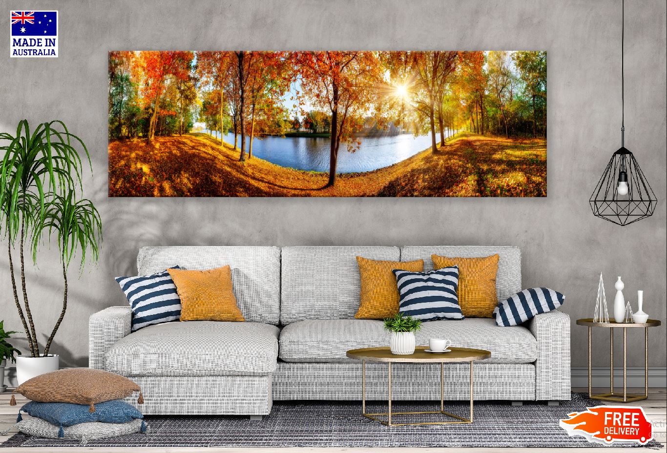 Panoramic Canvas Autumn Trees & Lake Photograph High Quality 100% Australian Made Wall Canvas Print Ready to Hang