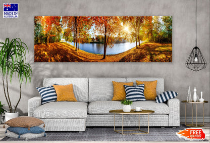 Panoramic Canvas Autumn Trees & Lake Photograph High Quality 100% Australian Made Wall Canvas Print Ready to Hang