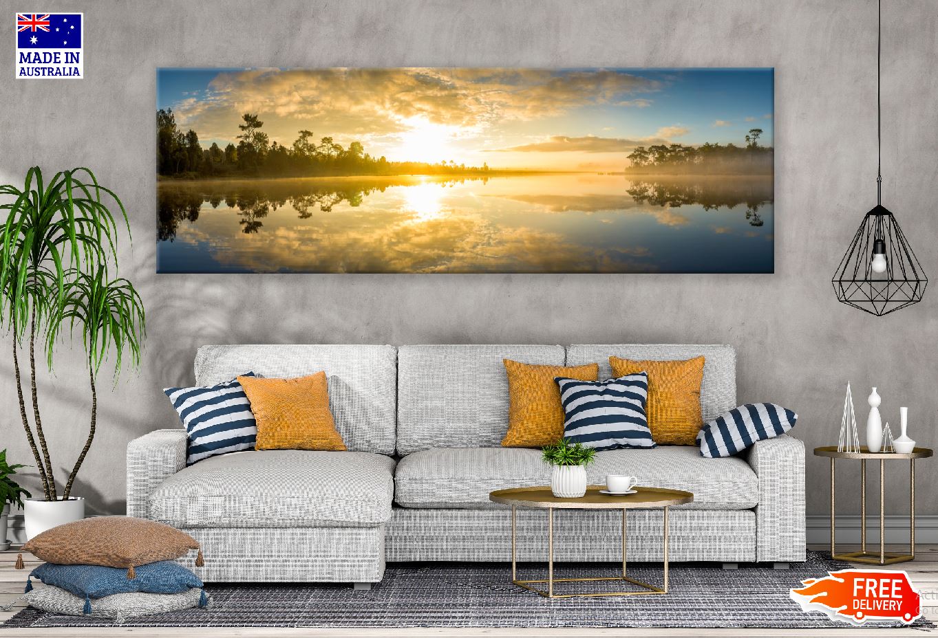 Panoramic Canvas Trees & Lake Sunrise Scenery Photograph High Quality 100% Australian Made Wall Canvas Print Ready to Hang