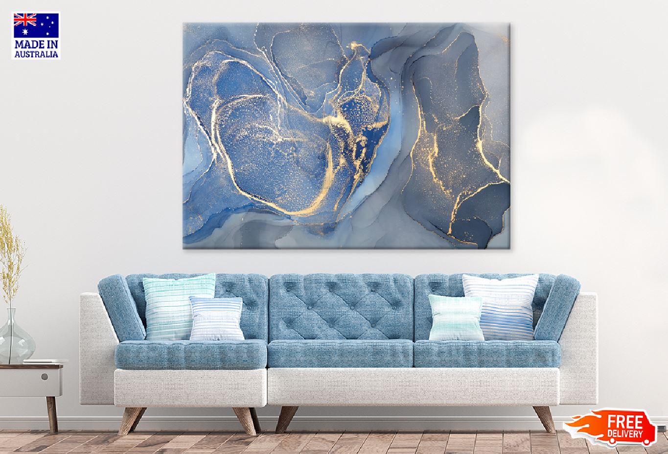 Blue Grey & Gold Abstract Design Print 100% Australian Made