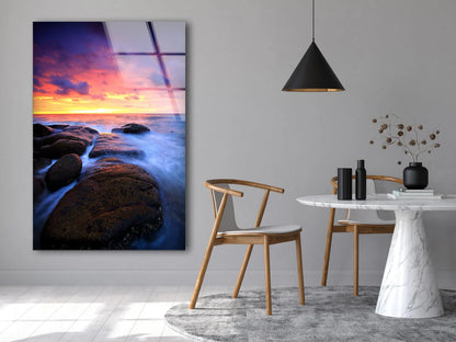 Sea With Rocks Sunset Scenery Photograph Acrylic Glass Print Tempered Glass Wall Art 100% Made in Australia Ready to Hang