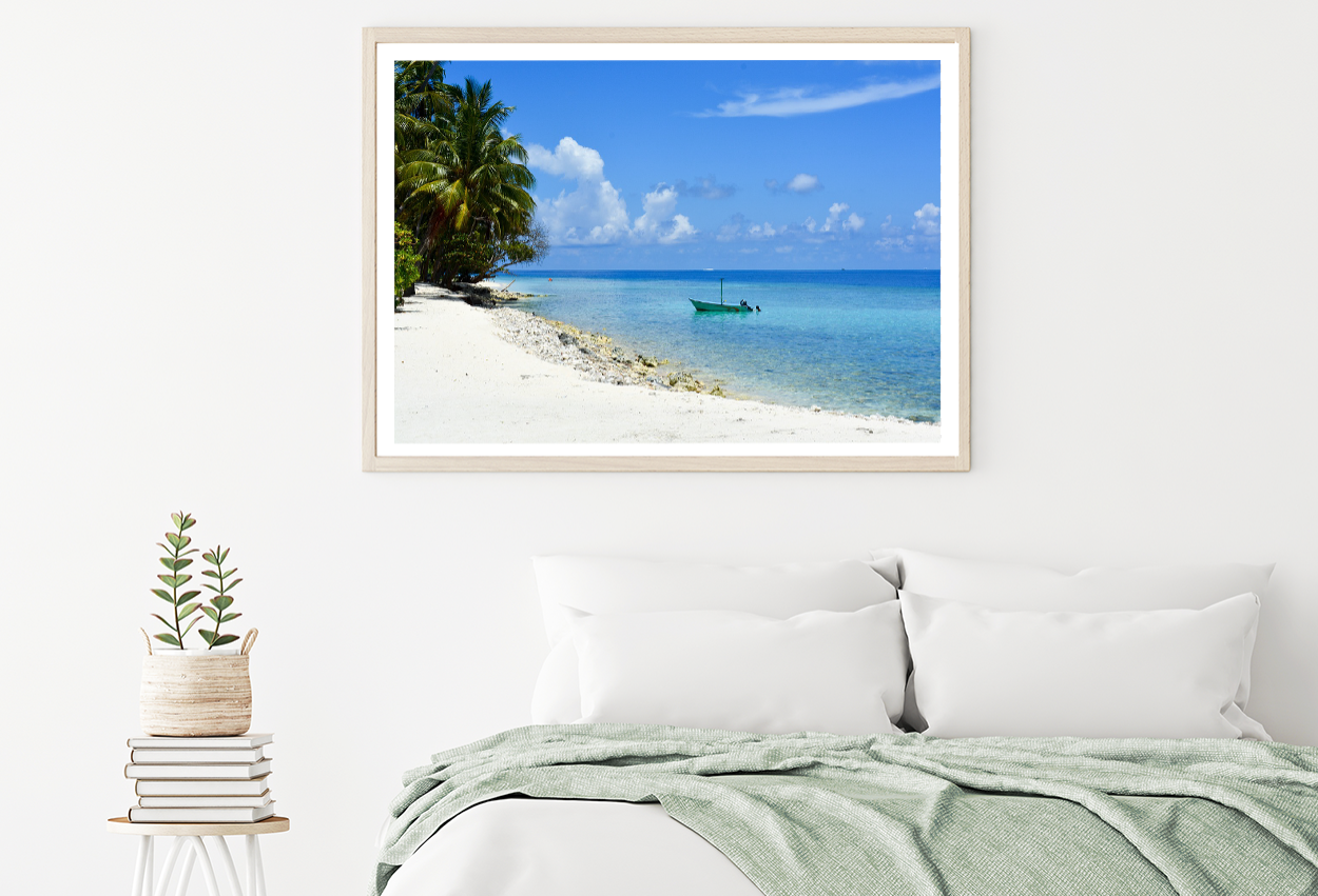 Boat On Sea & Palm Trees View Photograph Home Decor Premium Quality Poster Print Choose Your Sizes