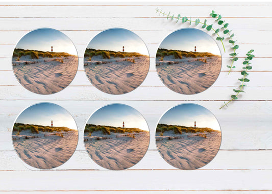 Lighthouse & Sand Dunes Beach View Coasters Wood & Rubber - Set of 6 Coasters