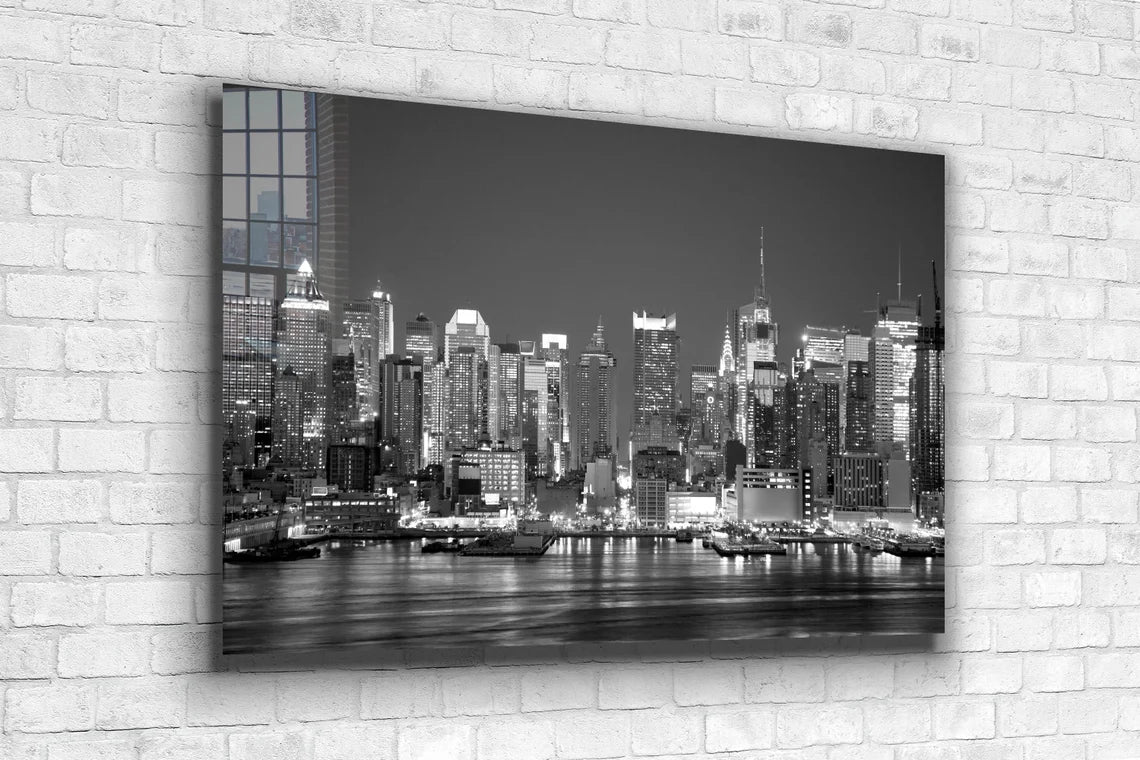 City Night Sea B&W View Print Tempered Glass Wall Art 100% Made in Australia Ready to Hang