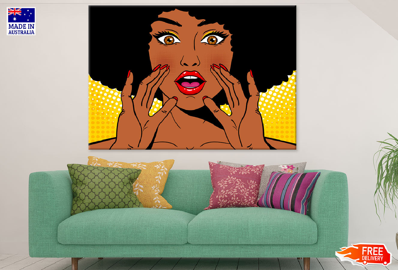 Surprised African Woman Holding Her Hands Open Mouth Print 100% Australian Made