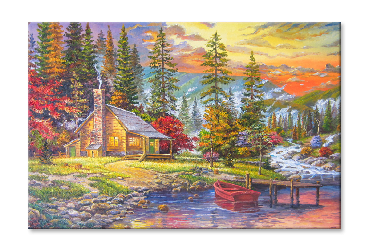 Boat on Lake near House & Forest Trees Oil Painting Wall Art Limited Edition High Quality Print Stretched Canvas None