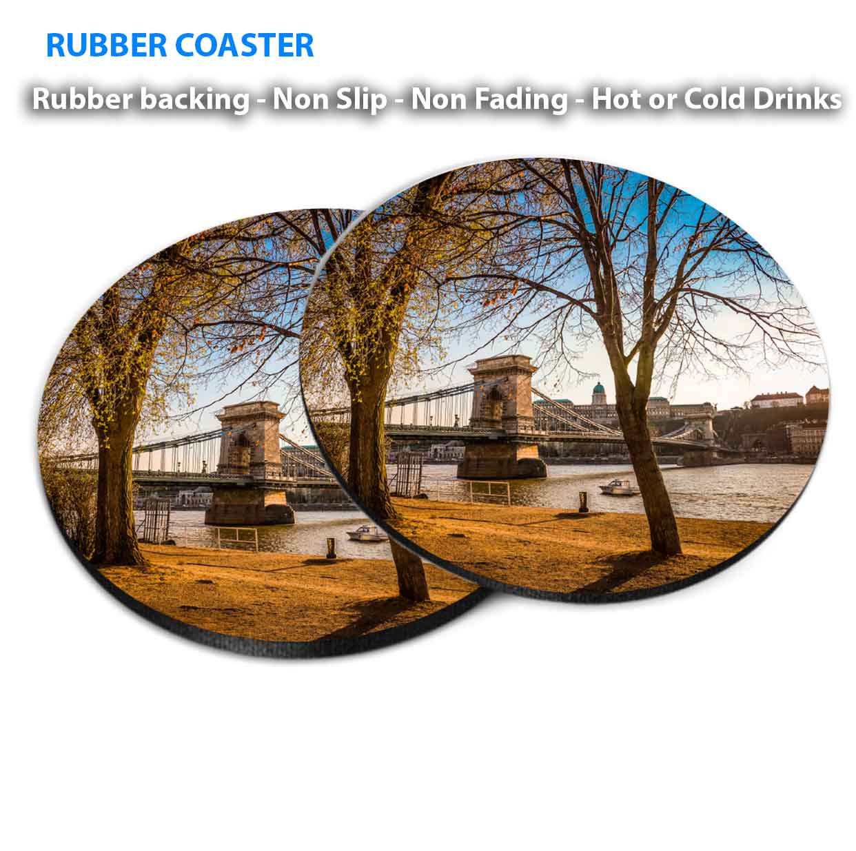 Sunset View With Chain Bridge in Hungary Coasters Wood & Rubber - Set of 6 Coasters