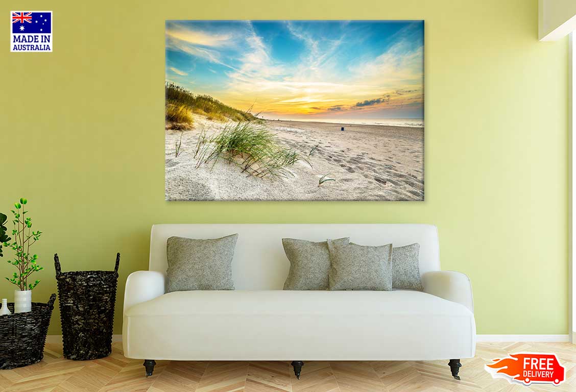 Grass on Sandy Seashore & Sunset View Photograph Print 100% Australian Made