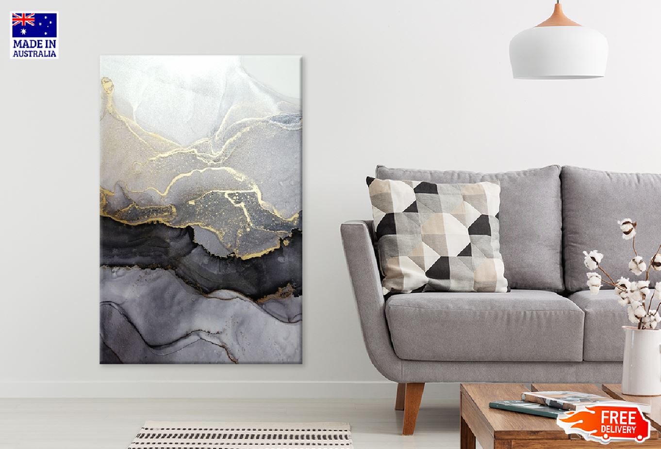 Grey Black & Gold Marble Abstract Design Print 100% Australian Made