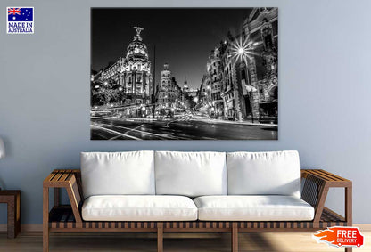 Madrid City Night B&W View Photograph Print 100% Australian Made