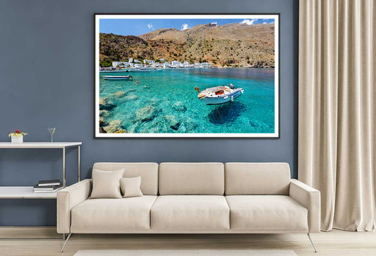 Motorboat on Crete Island View Photograph Home Decor Premium Quality Poster Print Choose Your Sizes