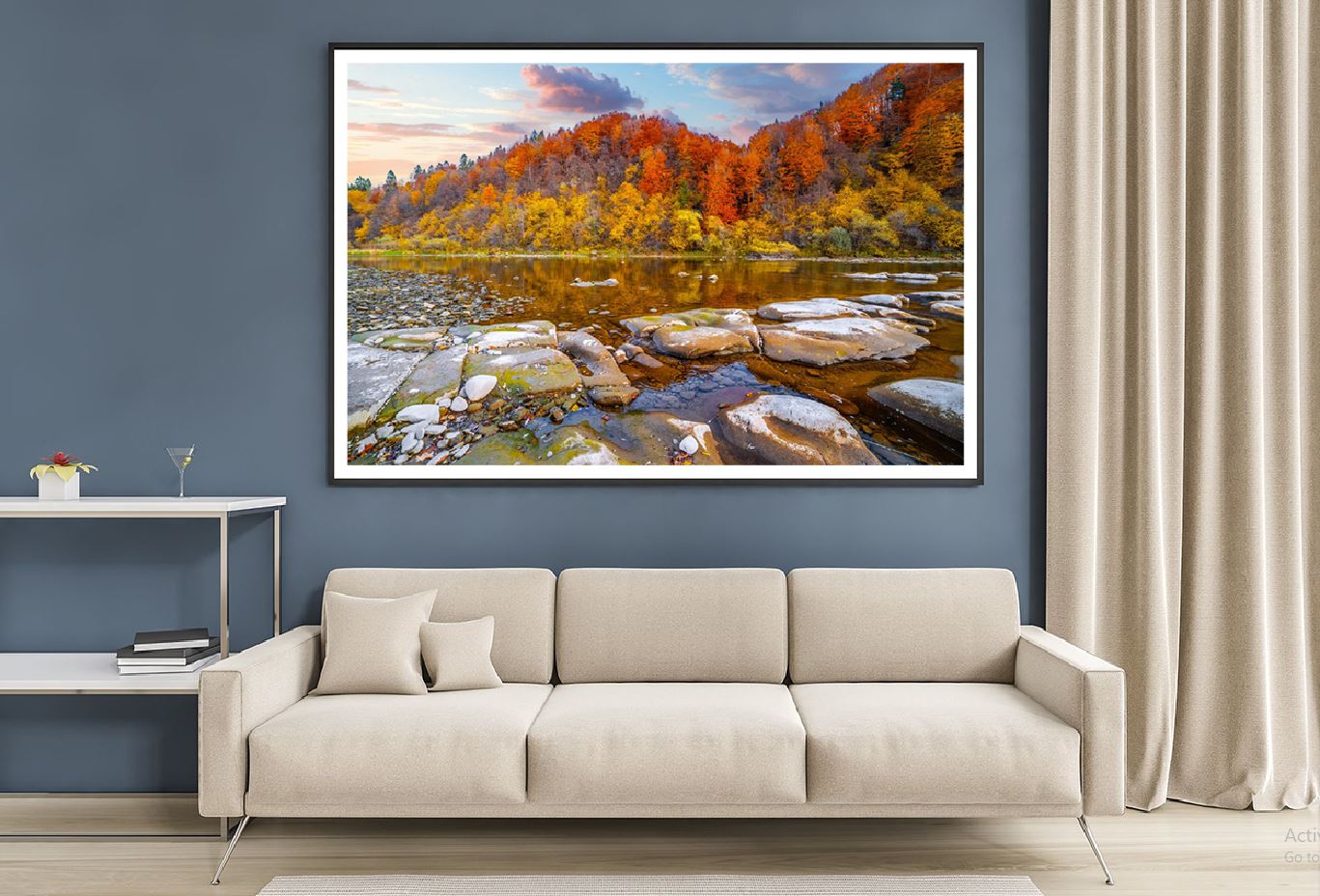 Stones on River & Autumn Forest View Photograph Home Decor Premium Quality Poster Print Choose Your Sizes