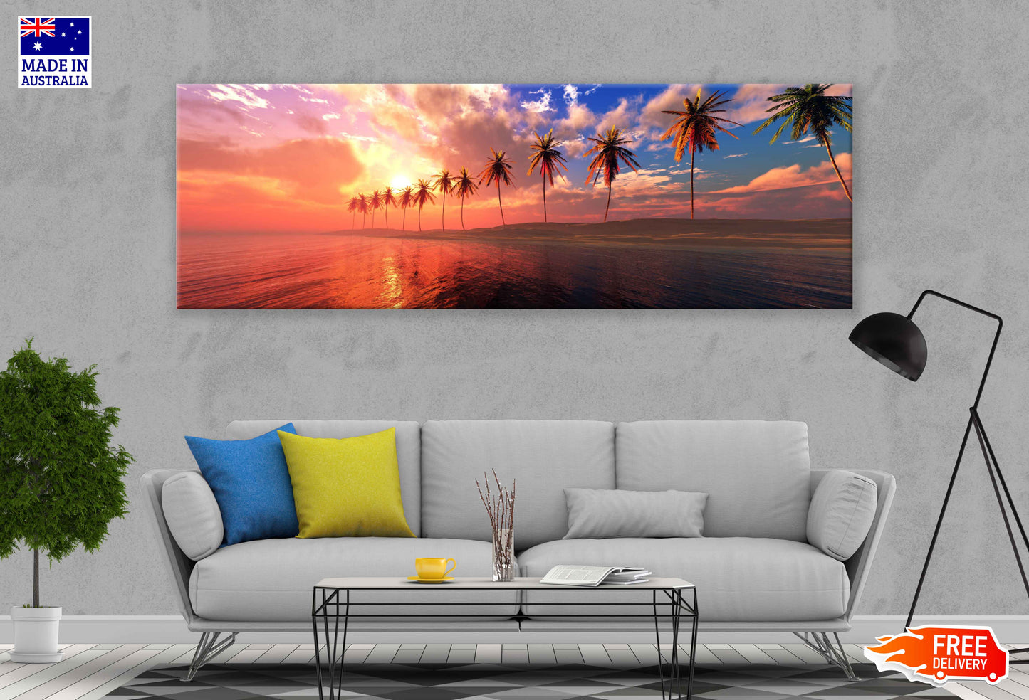 Panoramic Canvas Sunset Over Palm Sea View Photographin High Quality 100% Australian Made Wall Canvas Print Ready to Hang