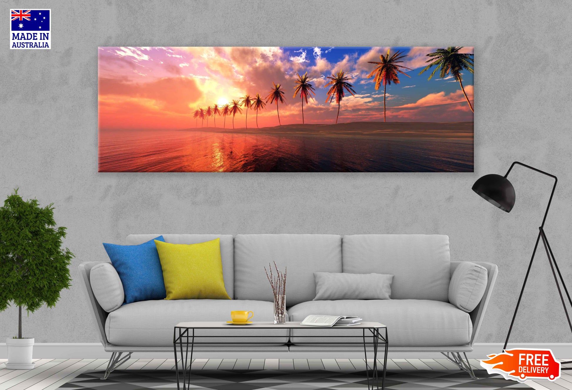 Panoramic Canvas Sunset Over Palm Sea View Photographin High Quality 100% Australian Made Wall Canvas Print Ready to Hang
